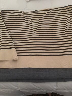 Massimo Dutti Cream and Black Striped Scoop Neck Sweater